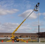 Haulotte Biljax 3632t trailer mounted telecoping boom is great for parking lot maintenance